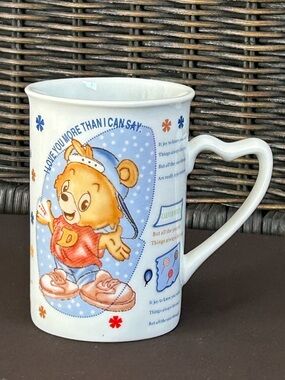 Vintage Cute Bear Heart-Handle Ceramic Mug in White and Blue